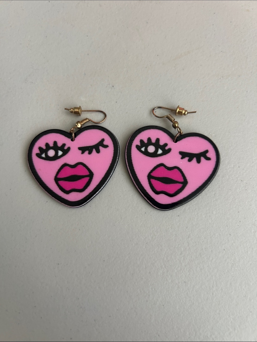 Pink Heart Face Dangle Earrings - Playful Women's Jewelry